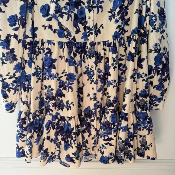 Sezane women's Floral Soledad dress Tiered Mini Dress Blue Cream size 12 (44) - Picture 5 of 9
